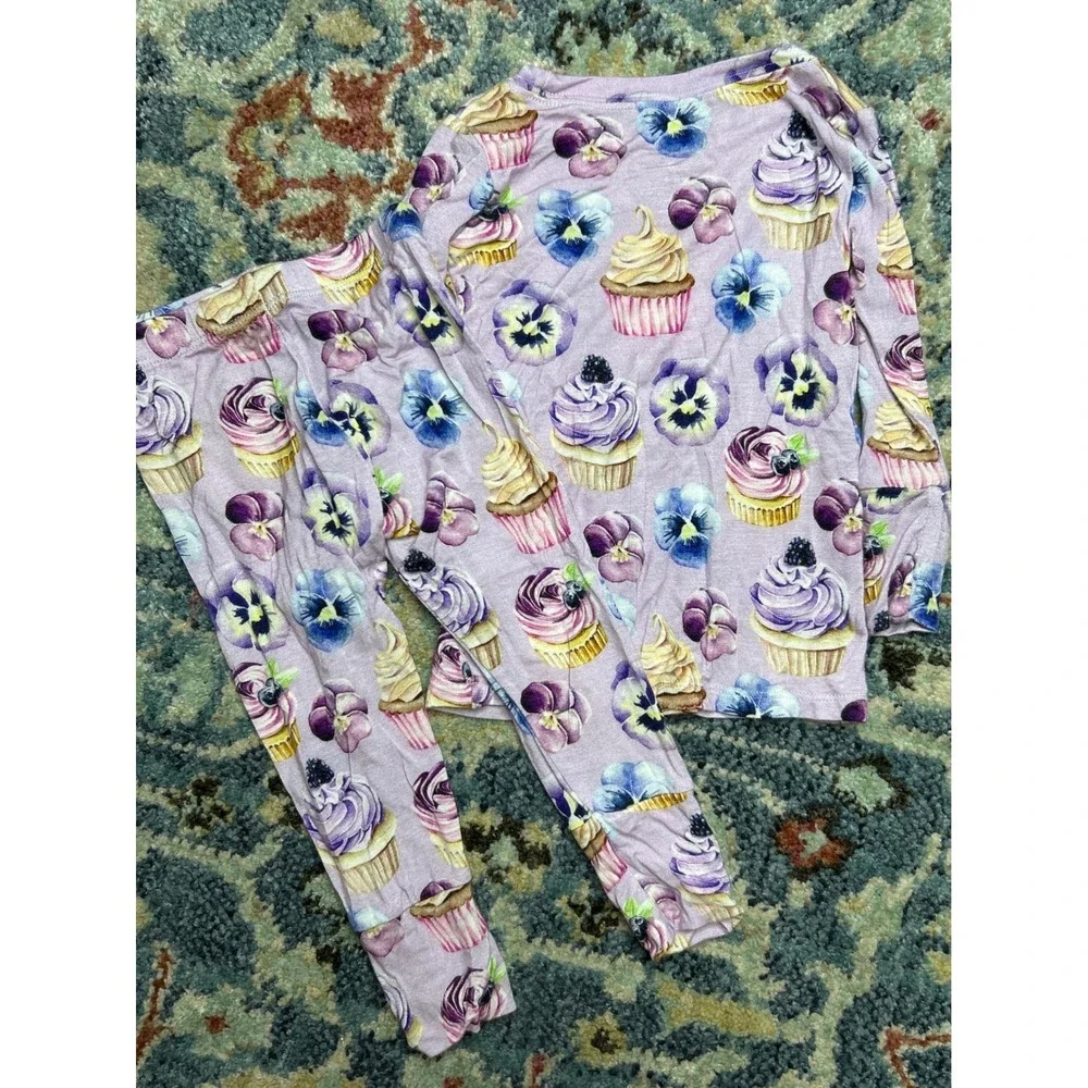 Lev Baby Pajama Set Baby Girl 6-12M Purple Cupcake Floral Bamboo EUC